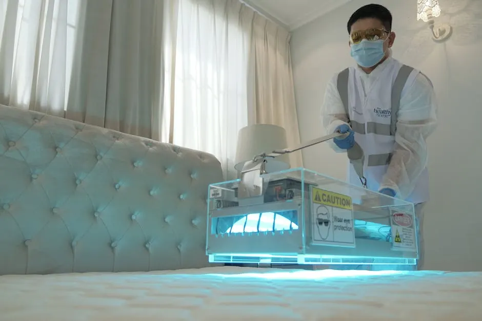 Technician sanitizing hotel room bed with UV light for safe and clean environment.